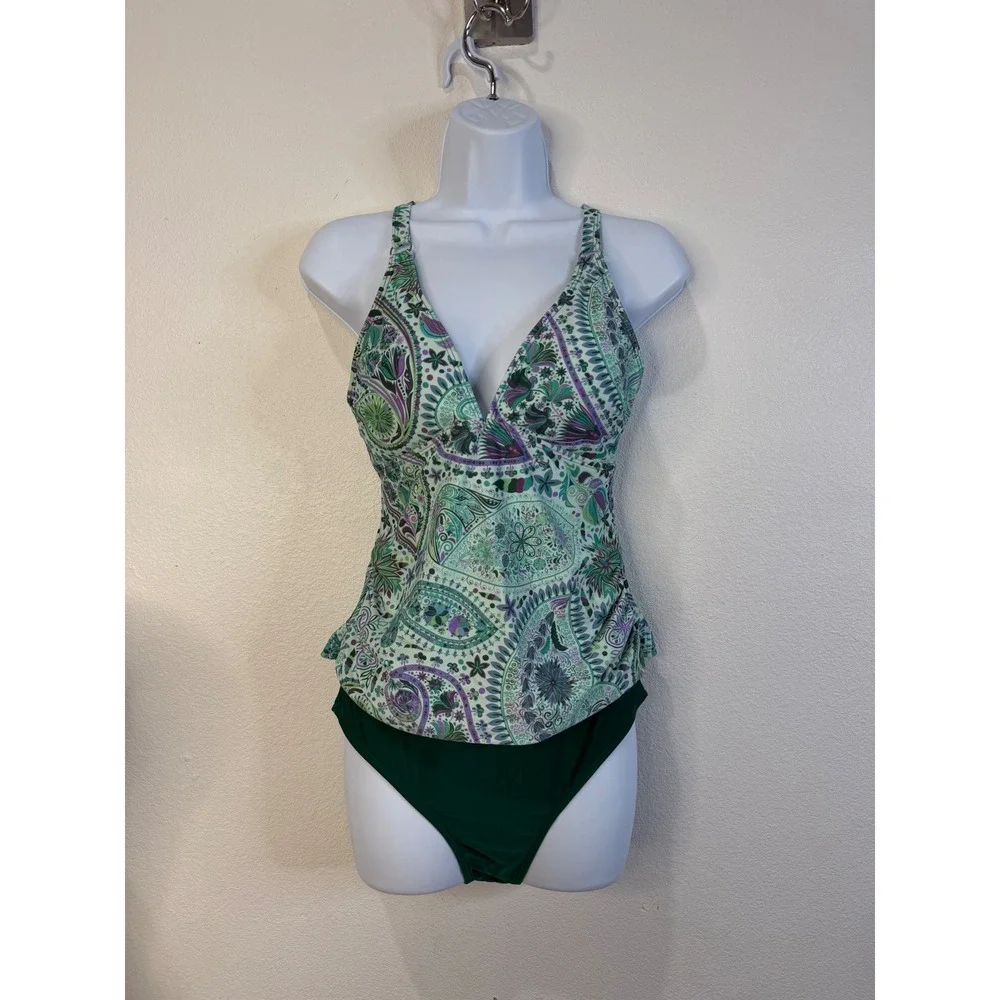 Cupshe Women Green Paisley V Neck Tankini Set High Waisted Swimsuit size L